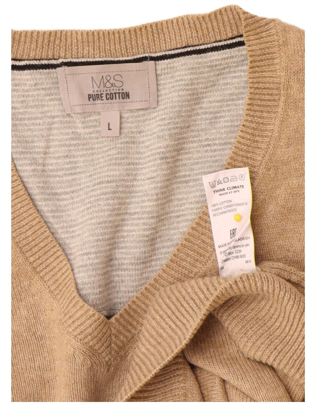 Marks & Spencer Męski sweter z dekoltem w kształcie litery V, duży, beżowy, bawełniany