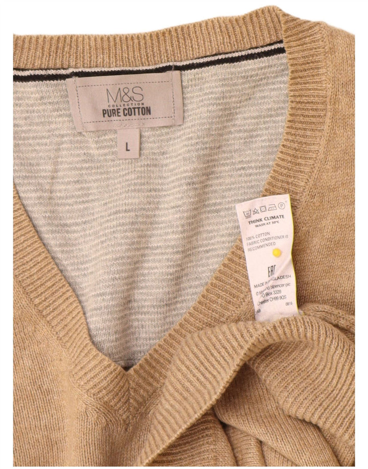 Marks & Spencer Męski sweter z dekoltem w kształcie litery V, duży, beżowy, bawełniany