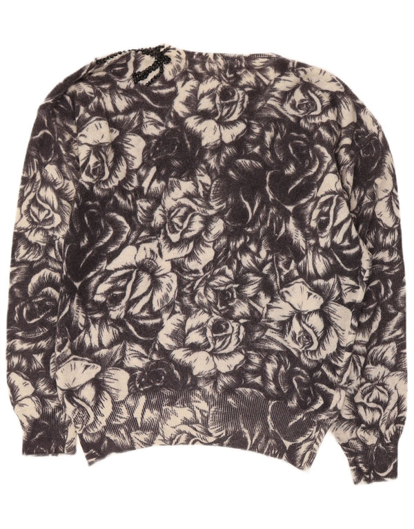 Sweter damski w stylu vintage z dekoltem w łódkę UK 12, średni czarny w kwiaty