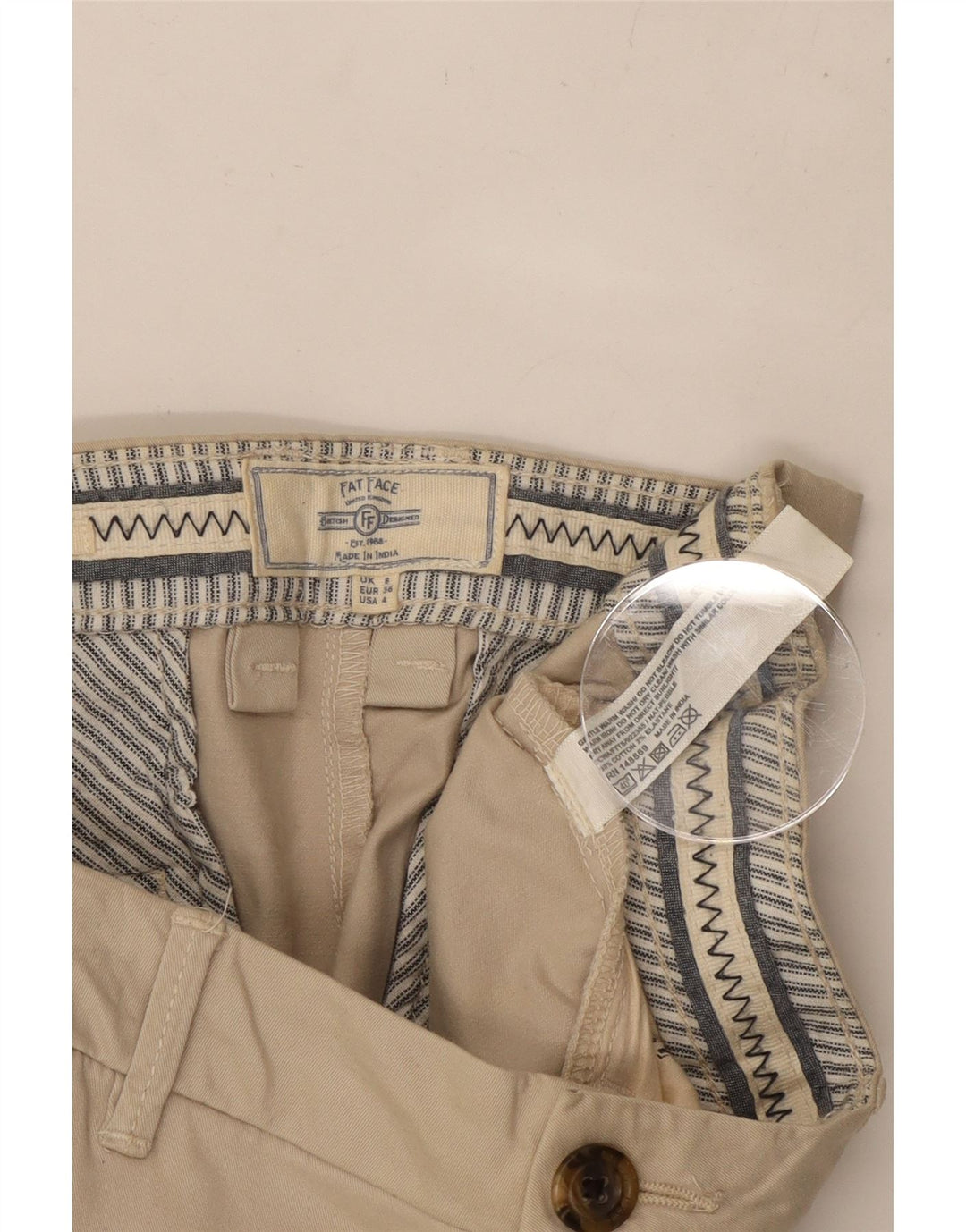 Proste, przycięte spodnie damskie FAT FACE UK 8 Small W30 L23 Beżowa bawełna