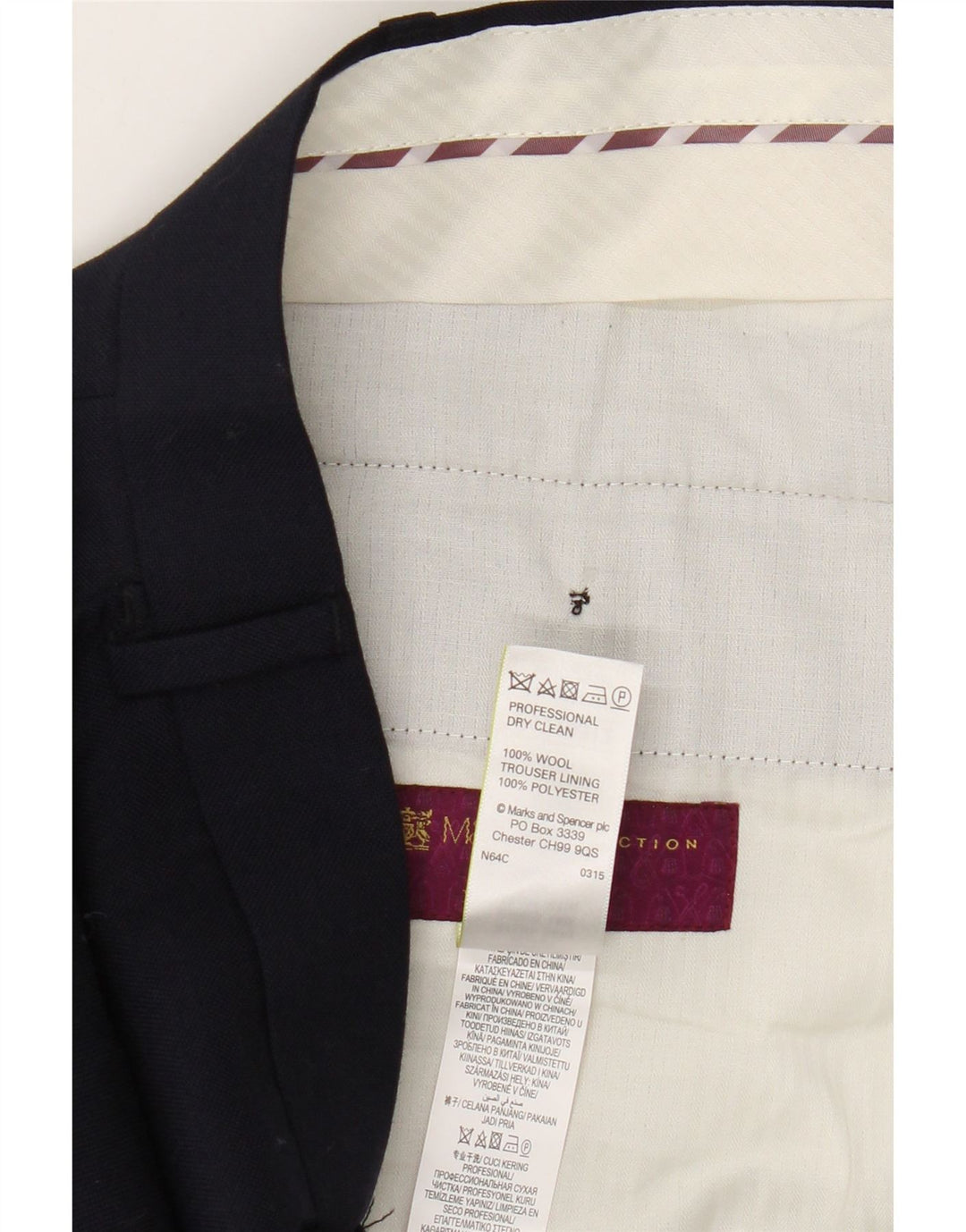 Męskie spodnie garniturowe Marks & Spencer o regularnym kroju W38 L31 Granatowa wełna