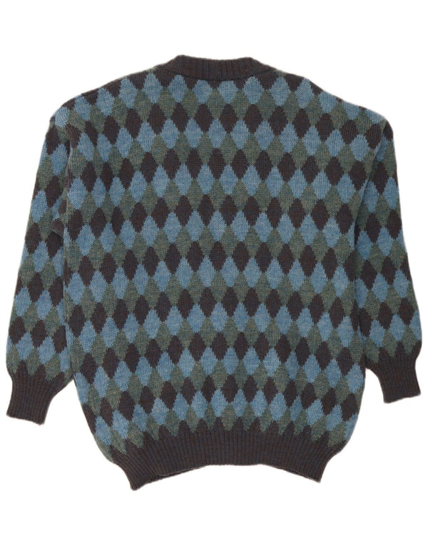 Vintage męski sweter rozpinany XL niebieski Argyle/diament