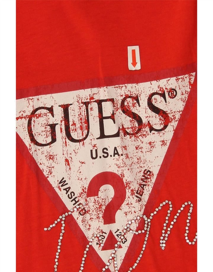 Guess Damski top graficzny z długim rękawem, UK 10, mały, czerwony, bawełniany