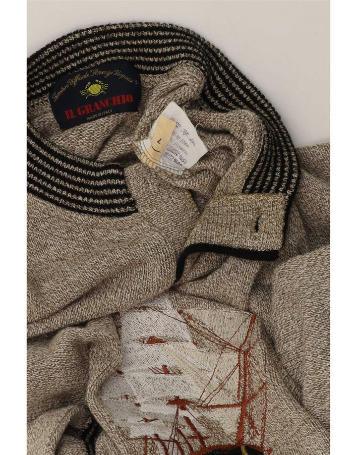 Il Granchio Męski sweter z grafiką i guzikami pod szyją, duży, w kolorze khaki, nakrapiany