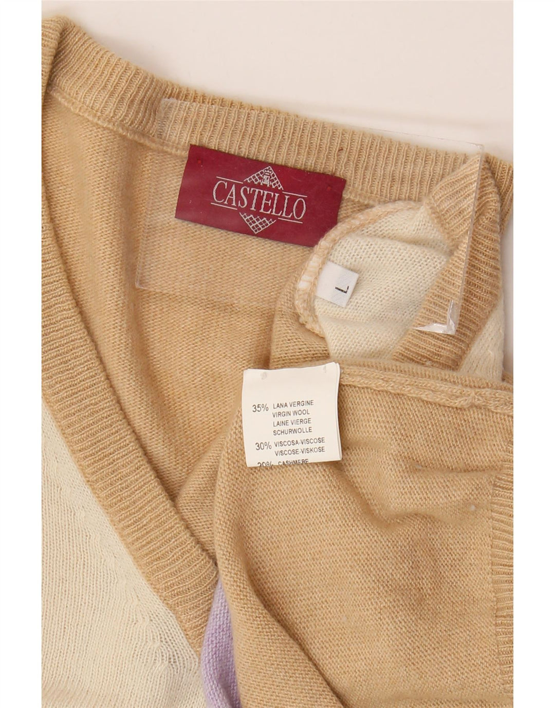 Sweter męski Castello z dekoltem w szpic, duży, beżowy, argyle/diamentowa, dziewicza wełna