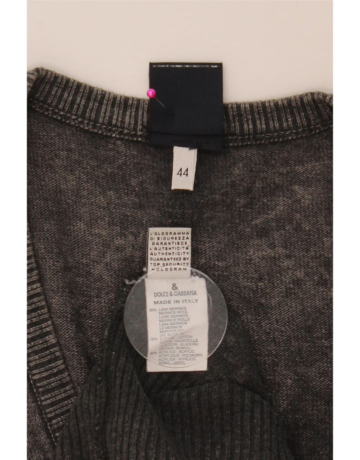 Dolce & Gabbana Damski sweter z graficznym dekoltem w kształcie litery V IT 44 Średni szary wełniany