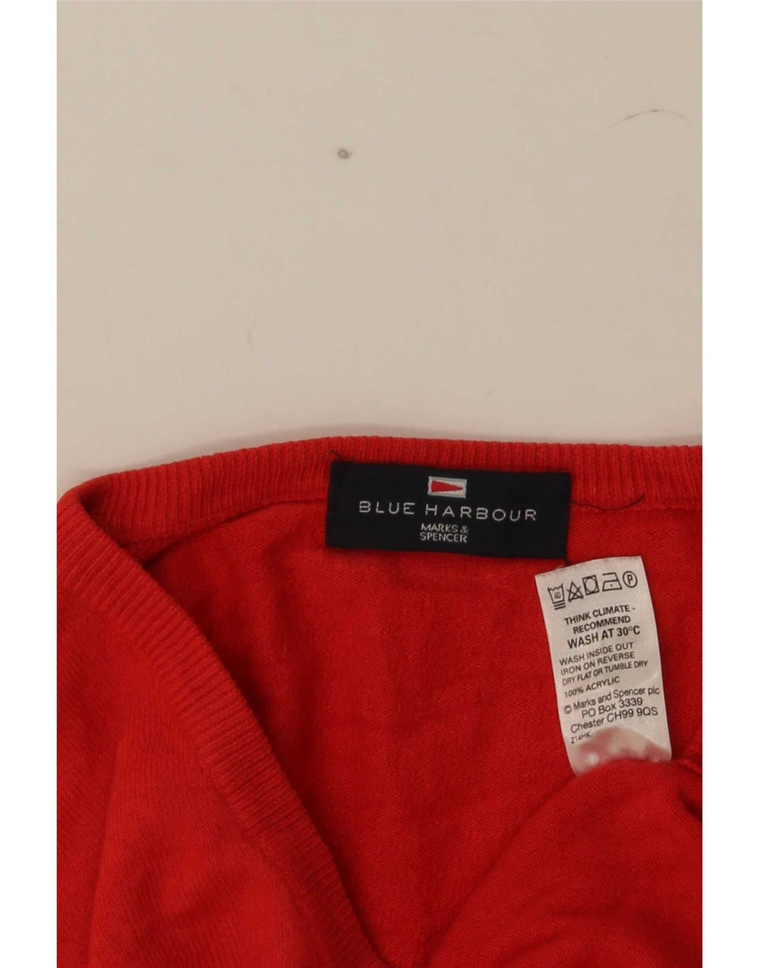 Marks & Spencer Męski sweter w kolorze niebieskim Harbor z dekoltem w kształcie litery V, duży, czerwony, akrylowy