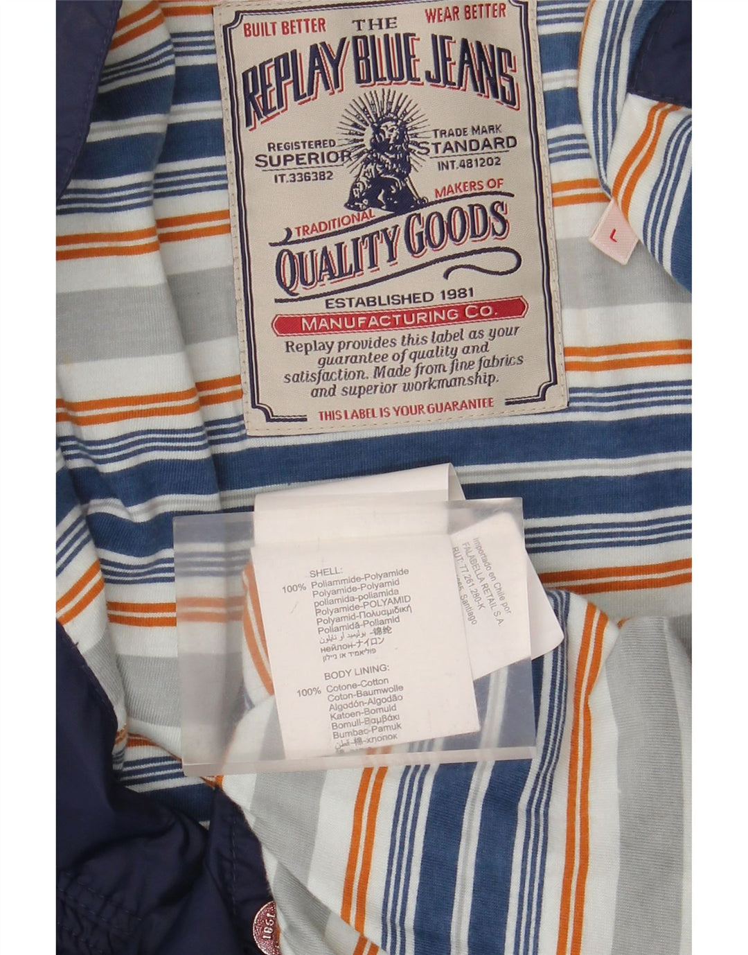 Męska kurtka bomber z grafiką Replay UK 40, duża, granatowa, poliamidowa