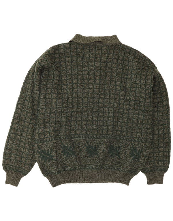 Vintage męski sweter z golfem, duży, geometryczny akryl w kolorze khaki
