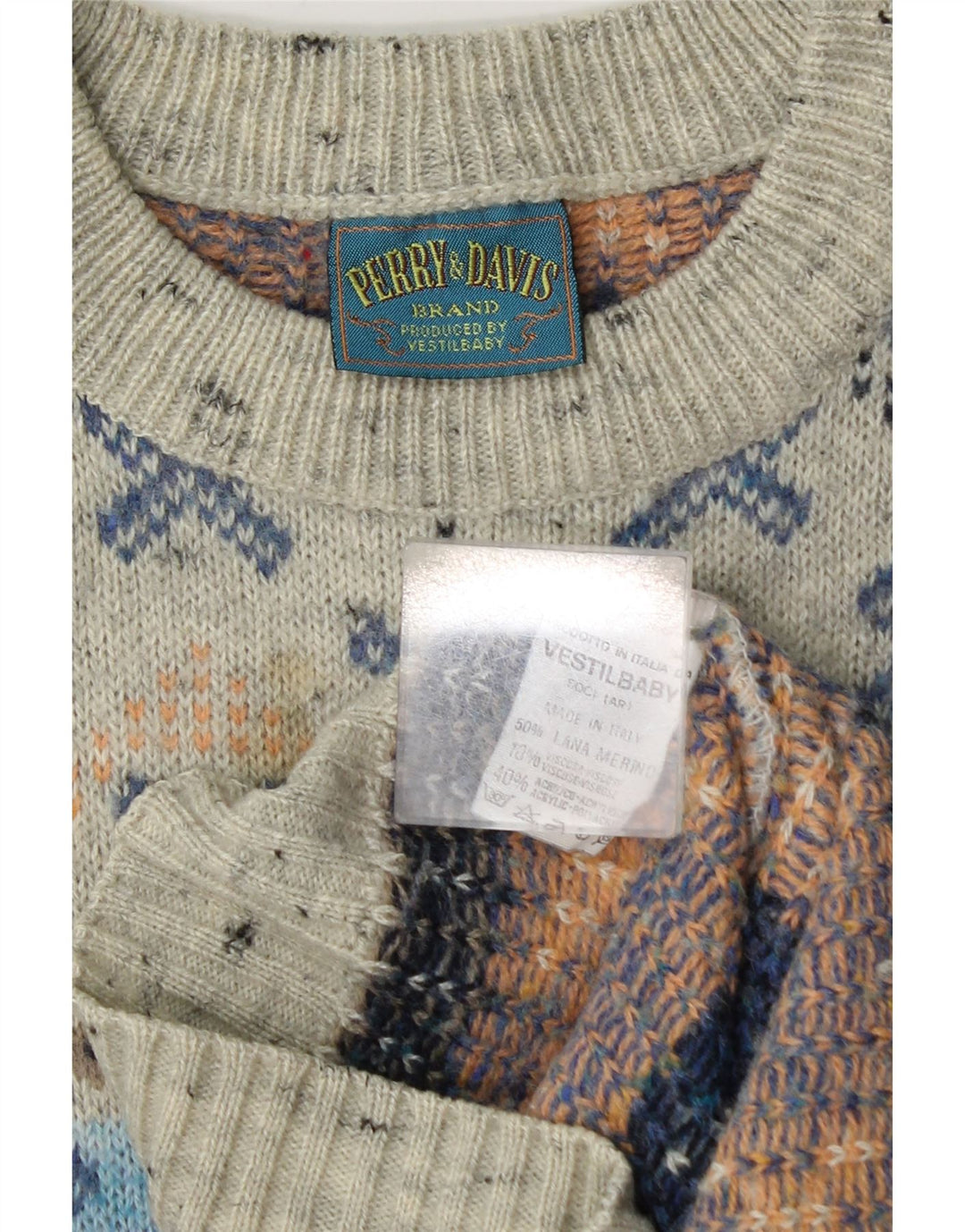 Vintage męski sweter z dekoltem w łódkę, średnioszary, geometryczny wełniany