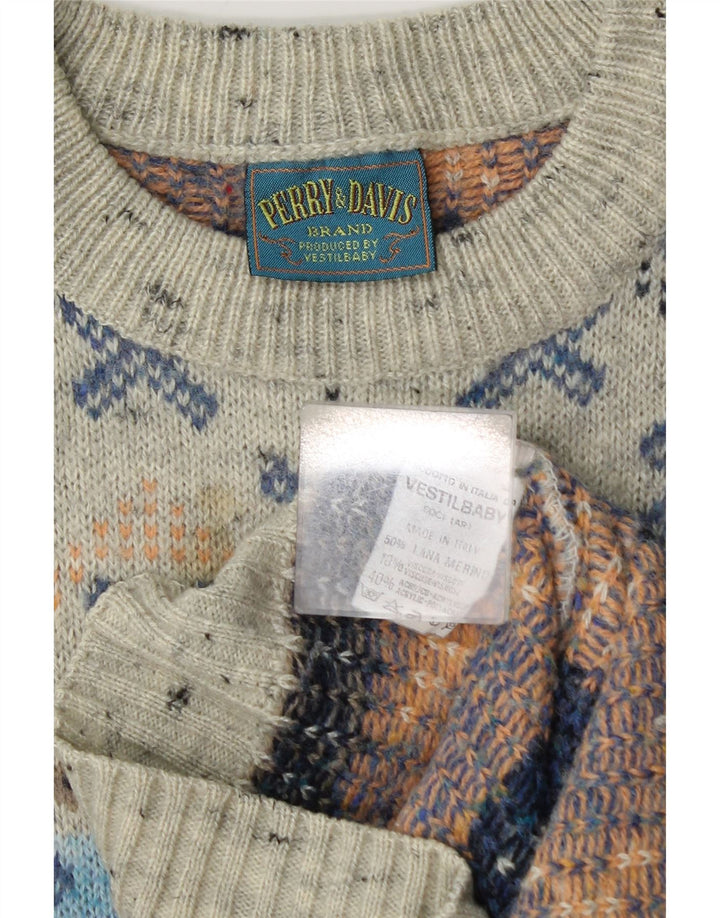 Vintage męski sweter z dekoltem w łódkę, średnioszary, geometryczny wełniany