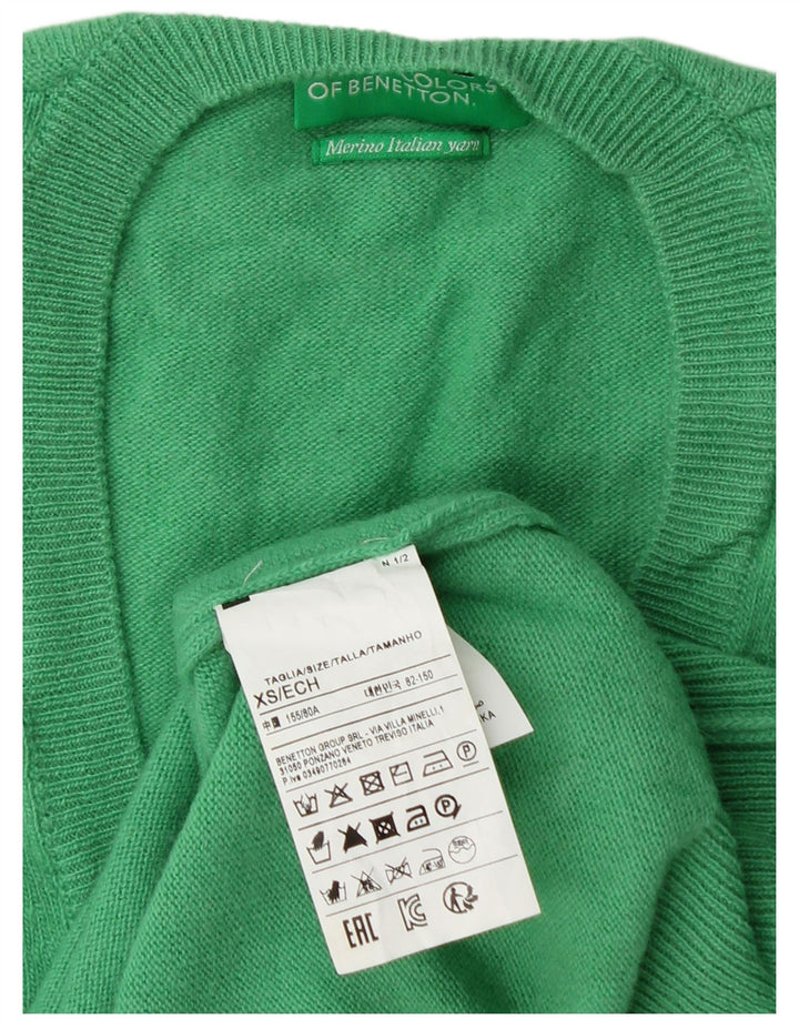 BENETTON Damski sweter z dekoltem w kształcie litery V, UK 6 XS, zielona dziewicza wełna