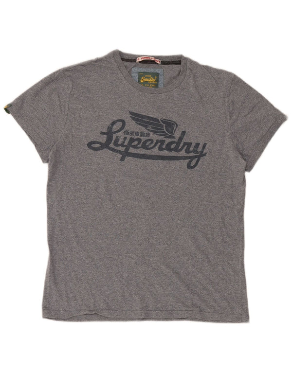 Męski T-shirt z grafiką Superdry, top XL, szara, bawełniana w plamki