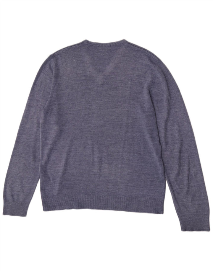 Męski sweter Marks & Spencer Blue Harbor z dekoltem w kształcie litery V, średni niebieski z plamkami