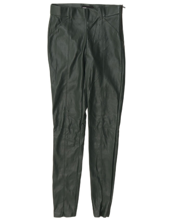 Damskie spodnie obcisłe ze sztucznej skóry Zara XS W24 L28 Zielony poliester