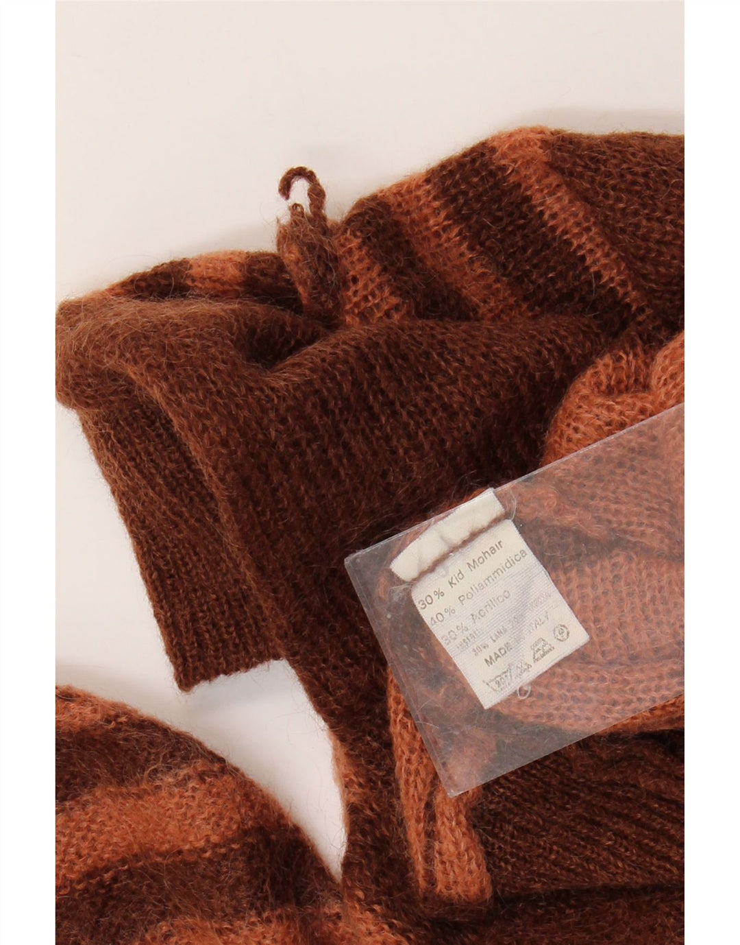 Sweter damski VINTAGE z wywijanym dekoltem UK 14, duże, brązowe moherowe paski