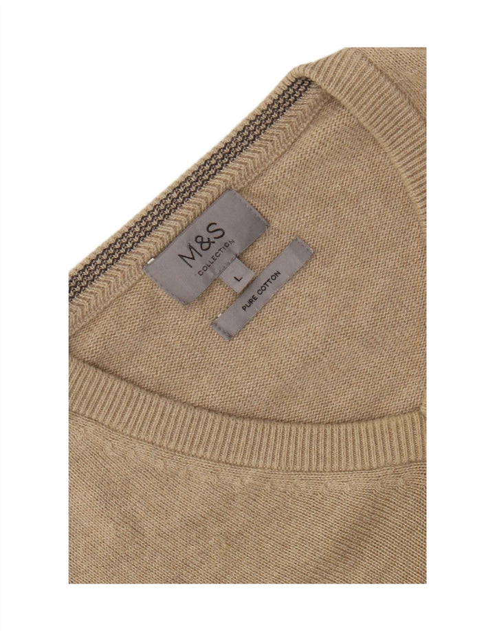 Marks & Spencer Męski sweter z dekoltem w kształcie litery V, duży, beżowy, bawełniany