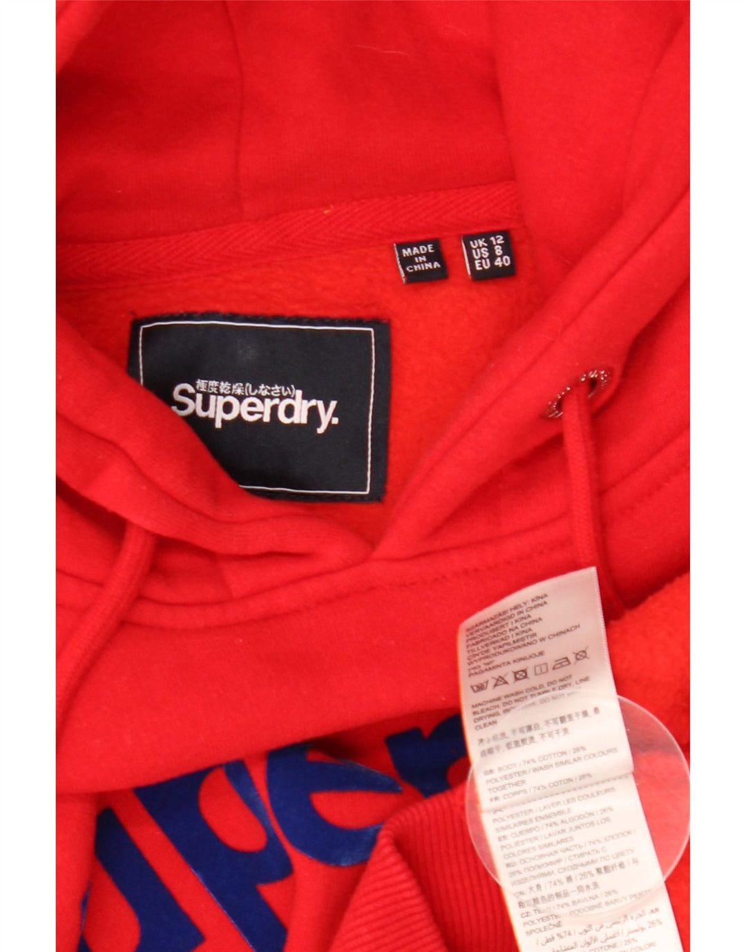 Damski sweter z kapturem i grafiką SUPERDRY UK 12, średni czerwony, bawełniany