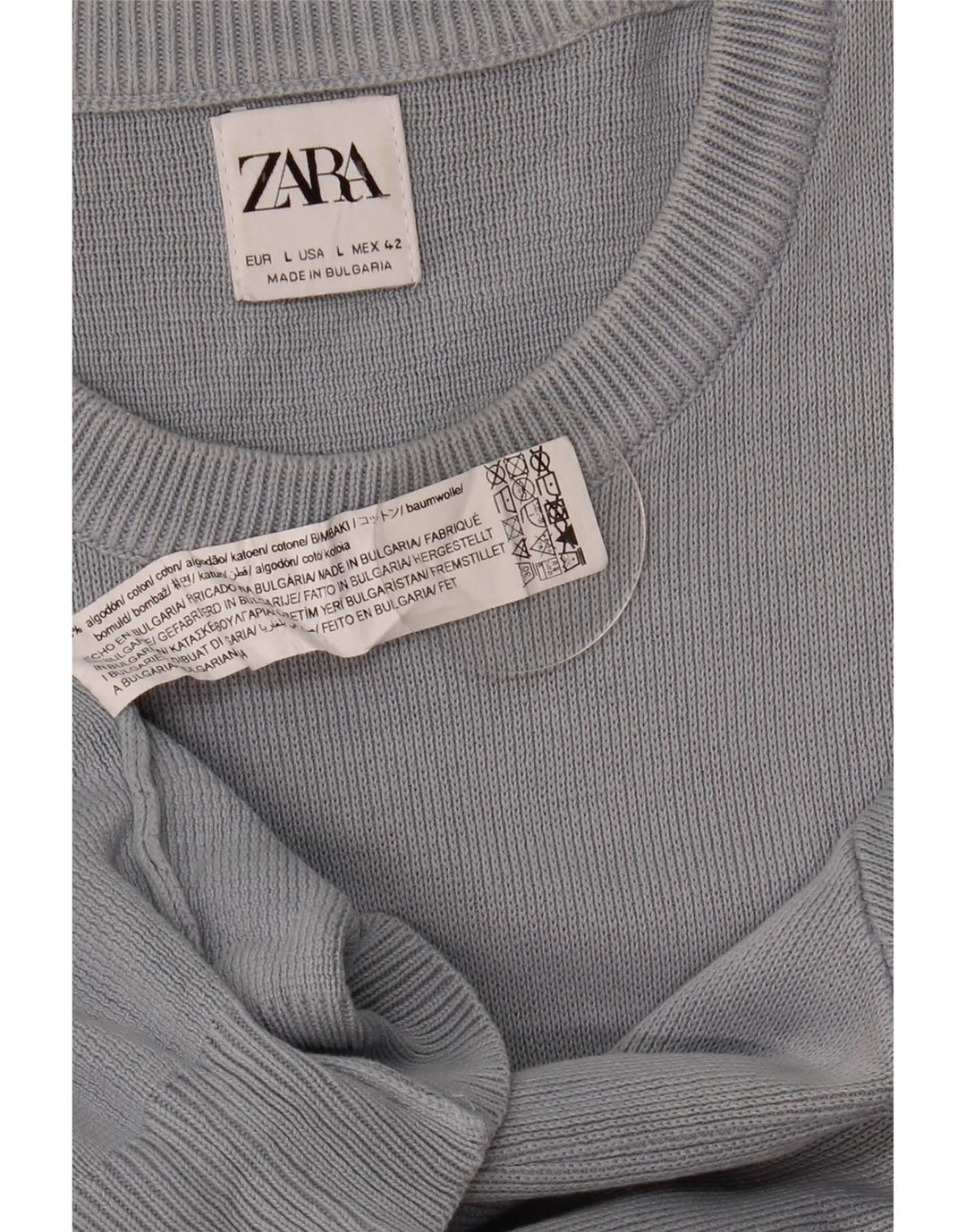 Męski sweter Zara z okrągłym dekoltem, duży, szary, bawełniany