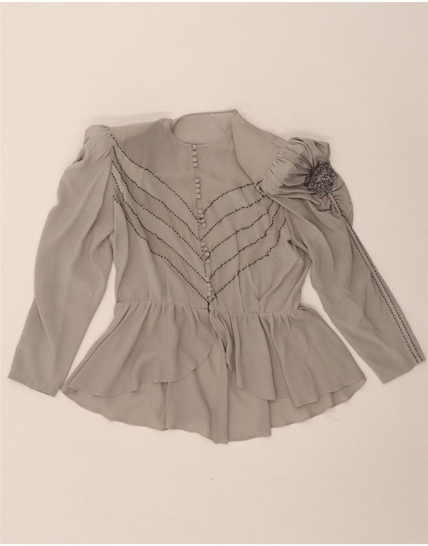 Bluzka damska z długim rękawem w stylu vintage, UK 16, duża, szara, w kwiaty