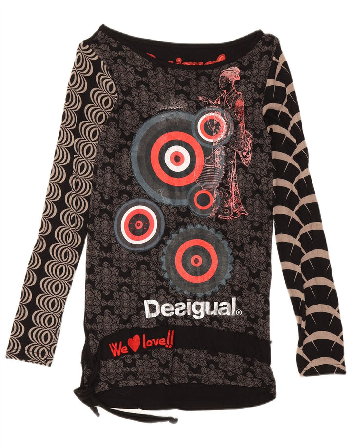 Damski graficzny top Desigual z długim rękawem UK 12, średni czarny, wiskoza