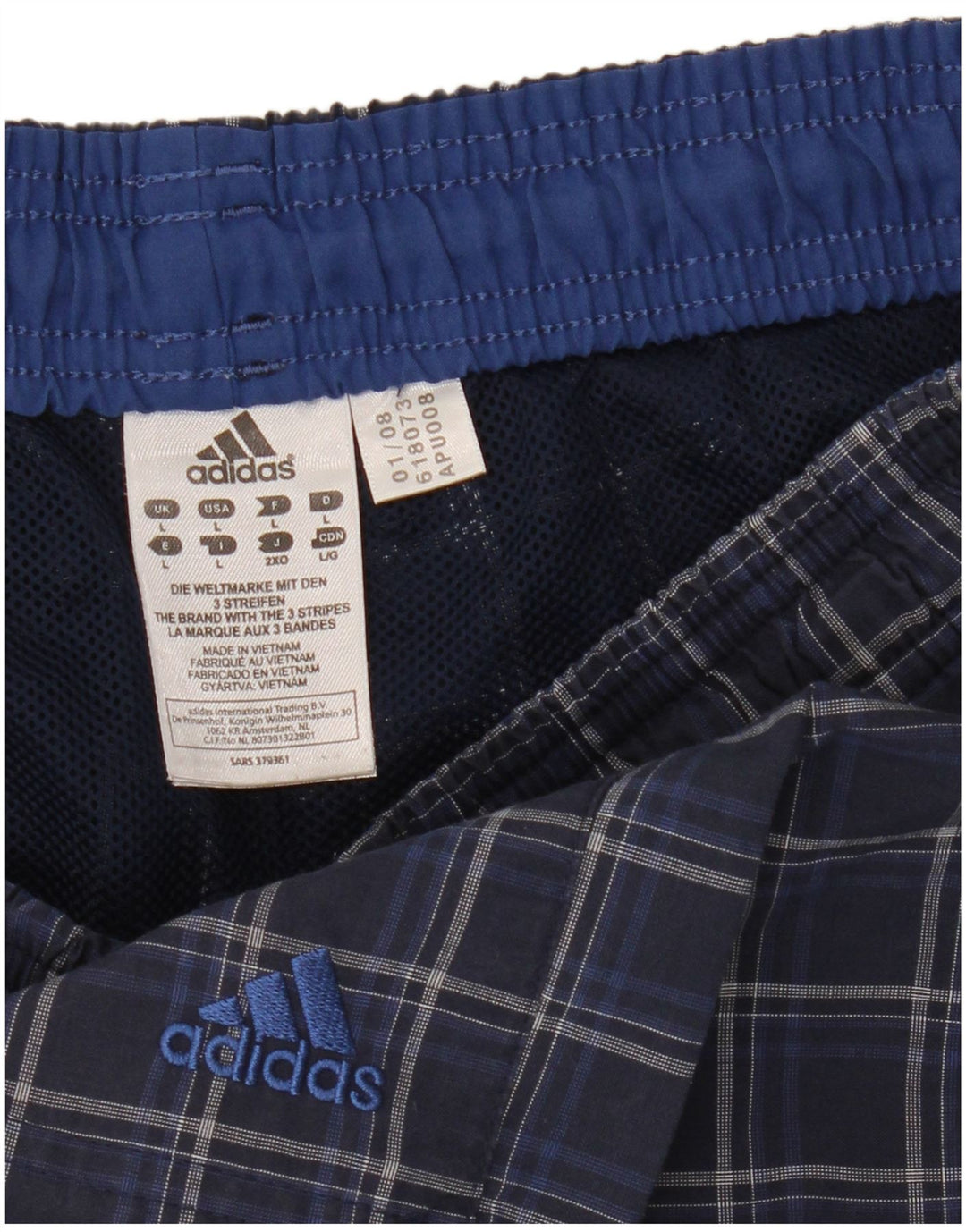 Męskie spodenki kąpielowe Adidas, duże, niebieskie, poliestrowe w kratę