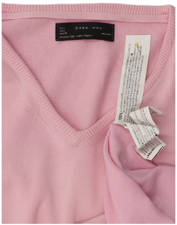 Męski sweter Zara z dekoltem w kształcie litery V, duży, różowy, bawełniany