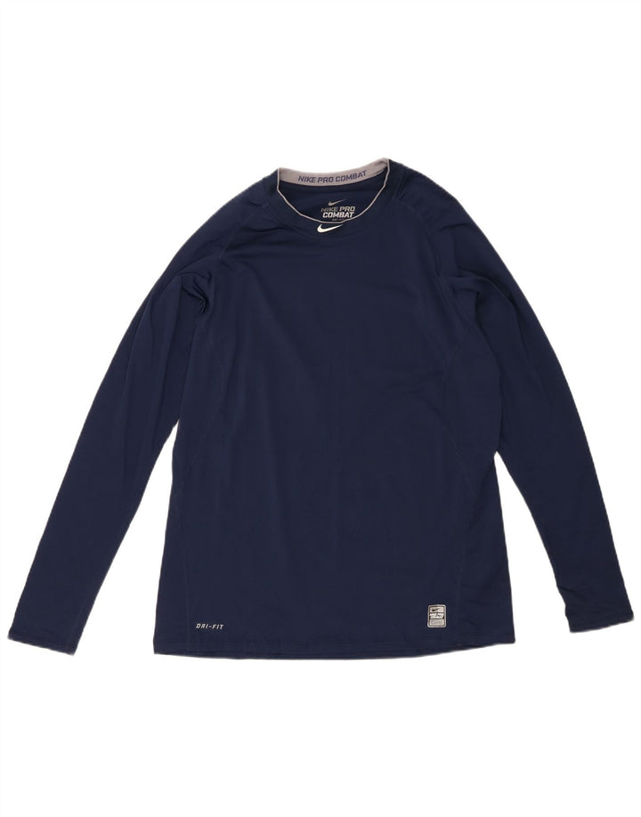 NIKE Womens Dri Fit Top Long Sleeve UK 16 Large Navy Blue Polyester