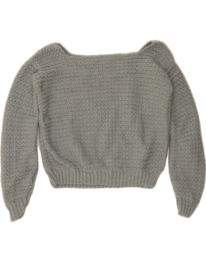 VINTAGE Womens Crop Boat Neck Jumper Sweater UK 14 Medium Grey Vintage Vintage and Second-Hand Vintage from Messina Hembry 