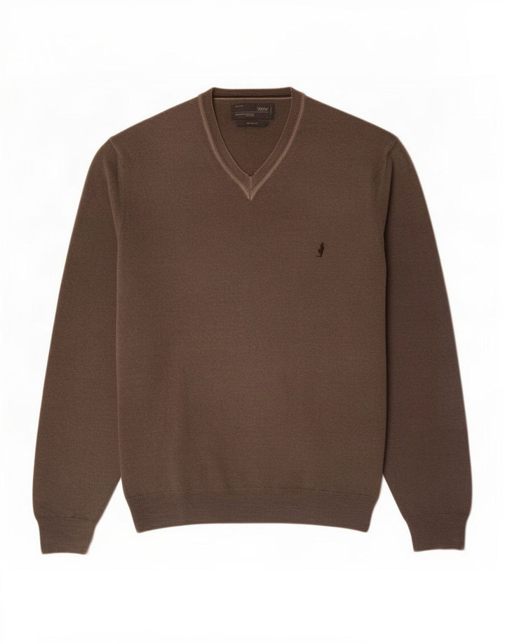 Marlboro Classics Męski sweter z dekoltem w kształcie litery V, duży, brązowy, wełniany