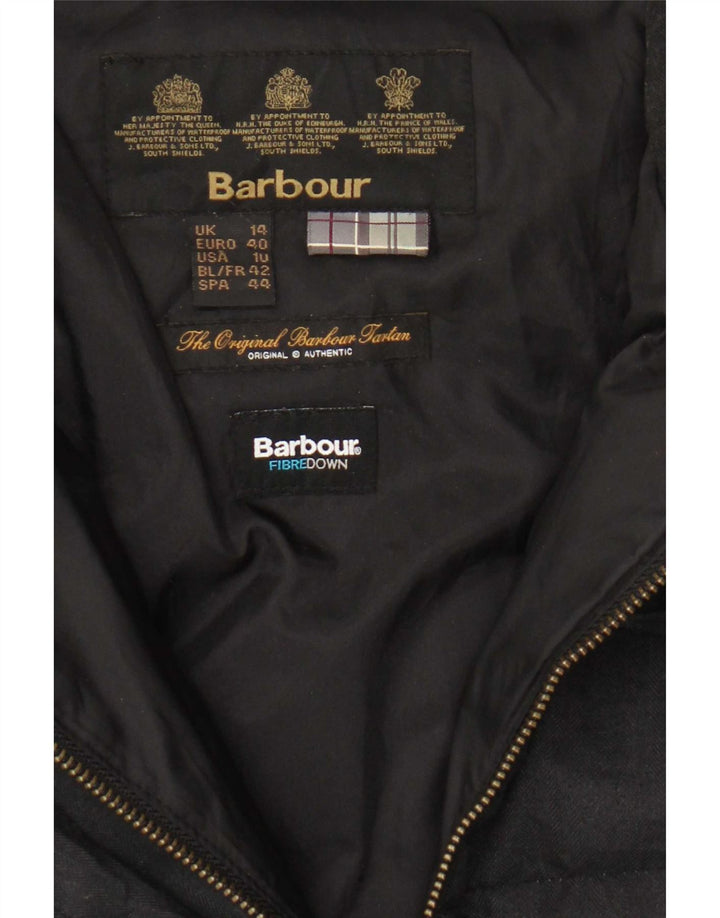 Damski płaszcz ocieplany Barbour UK 14, duży, czarny w jodełkę