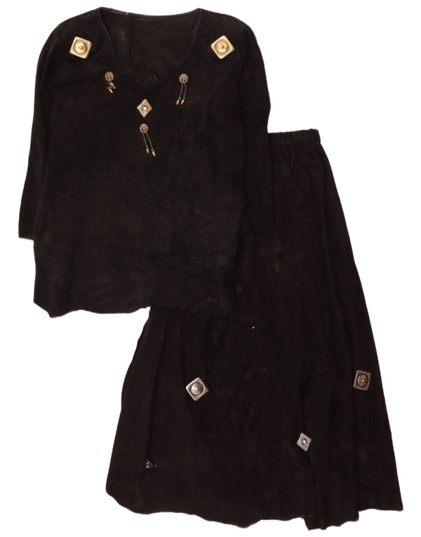 Vintage damski zestaw 2-częściowych zamszowych spódnic z rękawami 3/4 UK 12 Medium W28 Black