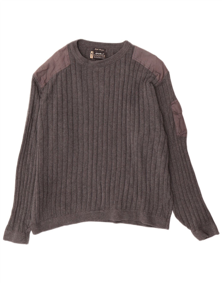 Męski sweter z okrągłym dekoltem Eddie Bauer, duży, szary, bawełniany w bloki kolorów