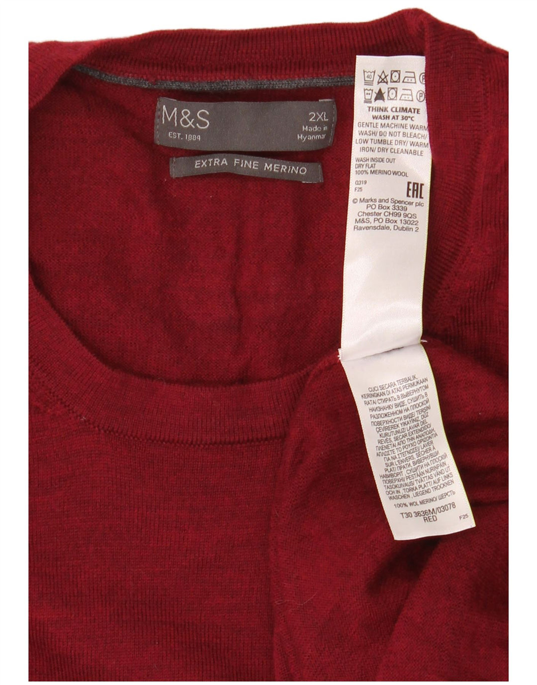 Marks & Spencer Męski sweter z okrągłym dekoltem XL, czerwona wełna merynosowa