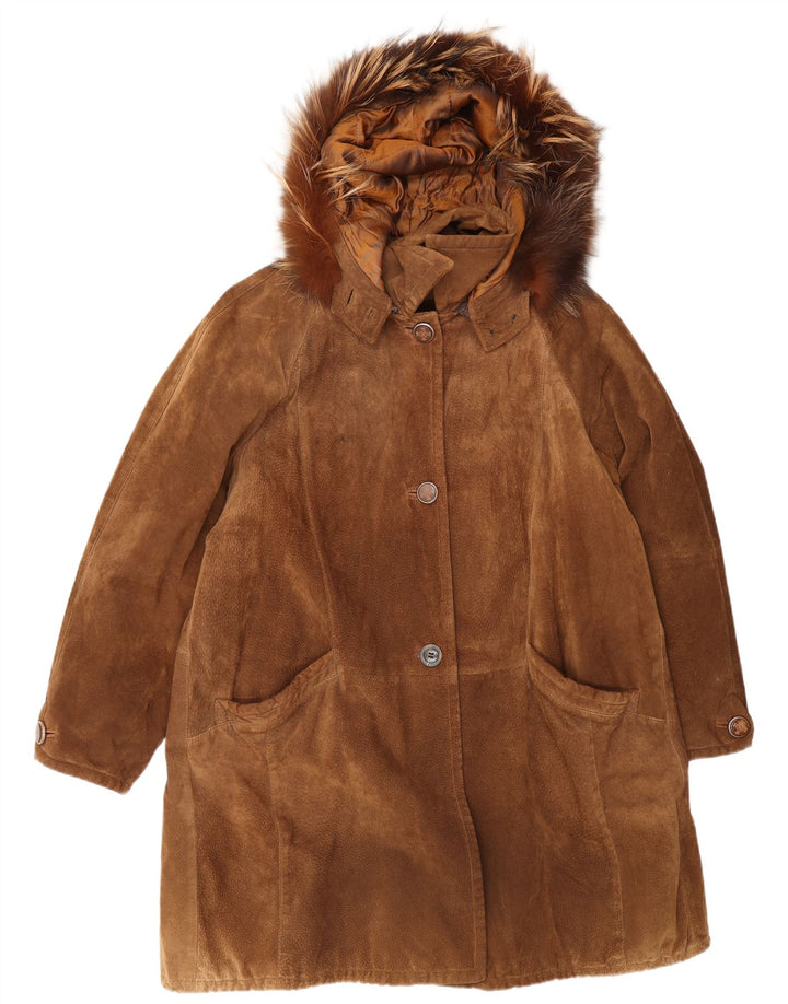 Vintage damski, oversize'owy, zamszowy płaszcz wiatrówka z kapturem IT 46, duży brązowy