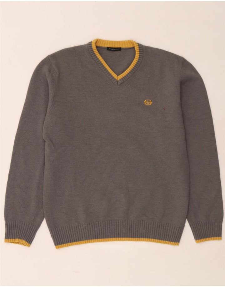 Męski sweter Sergio Tacchini z dekoltem w kształcie litery V, duży, szary, wełniany w paski
