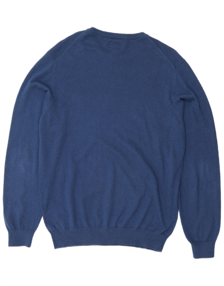 Vintage męski sweter z wycięciem pod szyją, duży, niebieski, bawełniany