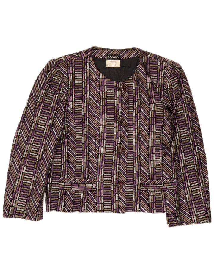 Vintage damska marynarka zapinana na 4 guziki UK 14 Średni fioletowy geometryczny jedwab