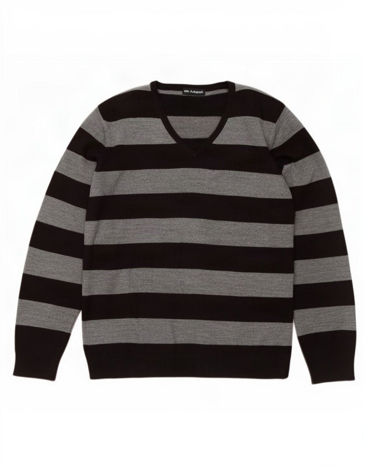Marks & Spencer Męski sweter z dekoltem w kształcie litery V, duży, akrylowy, w szare paski
