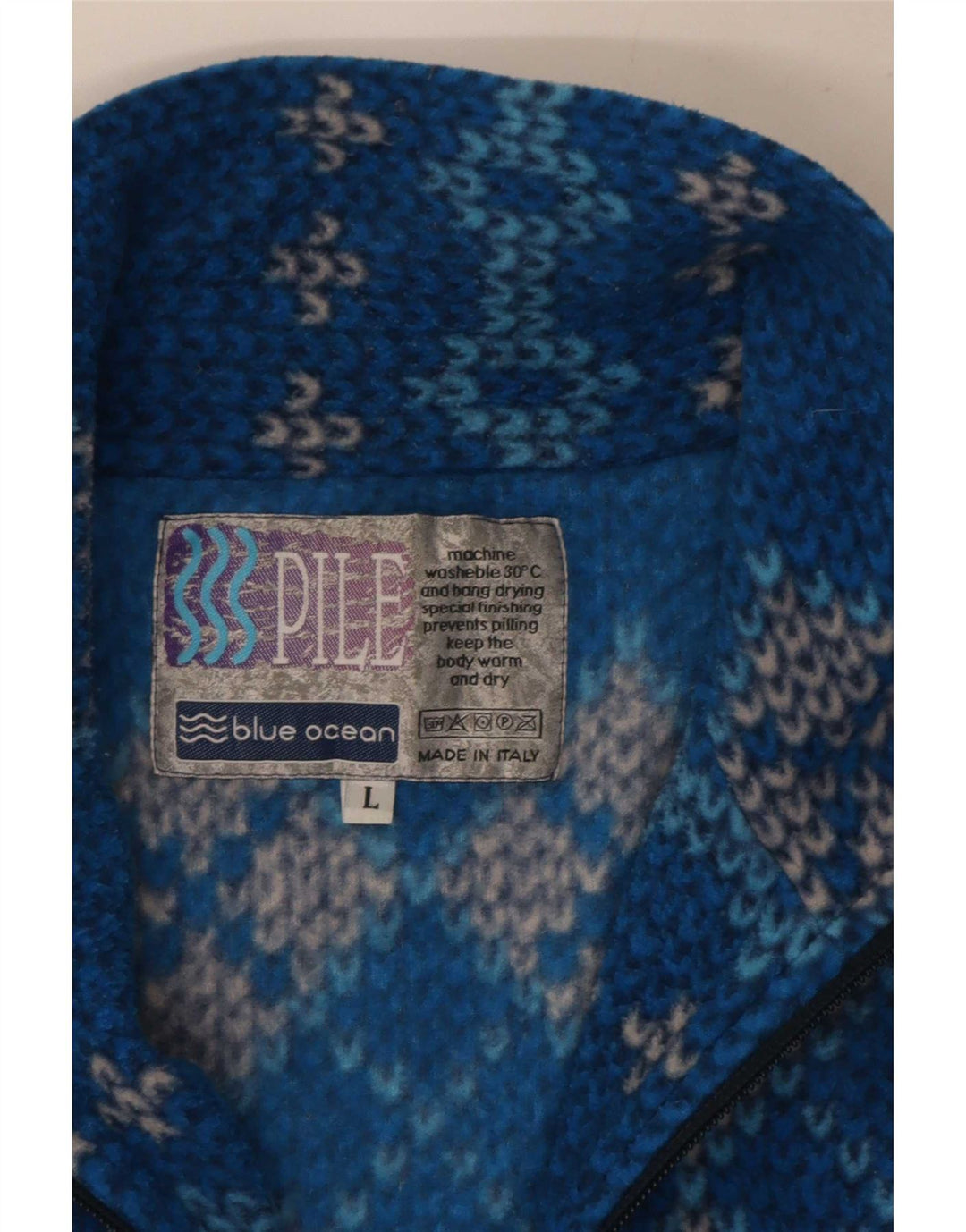 Vintage męski sweter z zamkiem błyskawicznym, duży niebieski geometryczny