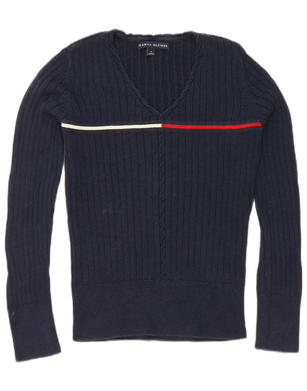 Sweter damski Tommy Hilfiger z dekoltem w kształcie litery V, UK 12, średni granatowy, bawełniany