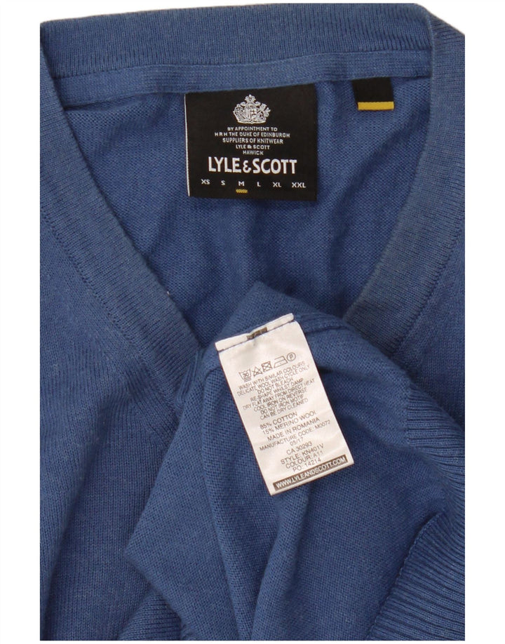 Lyle & Scott Męski sweter z dekoltem w kształcie litery V, średnioniebieski, bawełniany