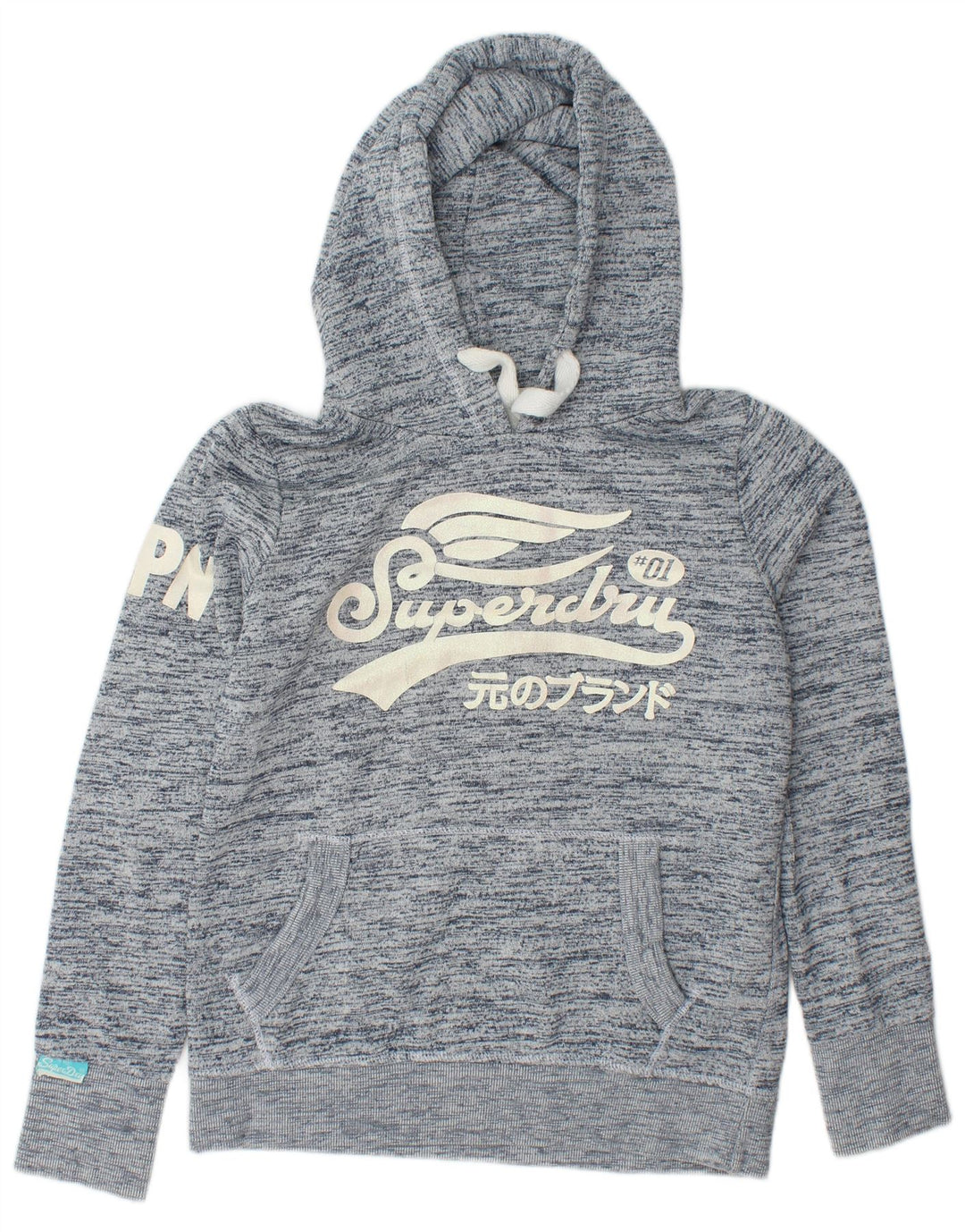Damski sweter z kapturem i grafiką SUPERDRY UK 16, duży, granatowy, z bawełny w plamki
