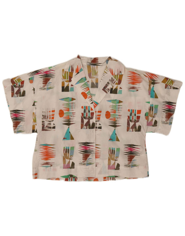 Bluzka damska z krótkim rękawem w stylu vintage, UK 10, mała, biała, geometryczna bawełna