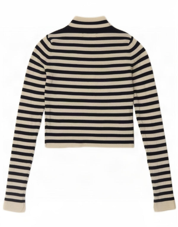 Zara Womens Crop Top Long Sleeve UK 10 Small Navy Blue Striped Nylon
