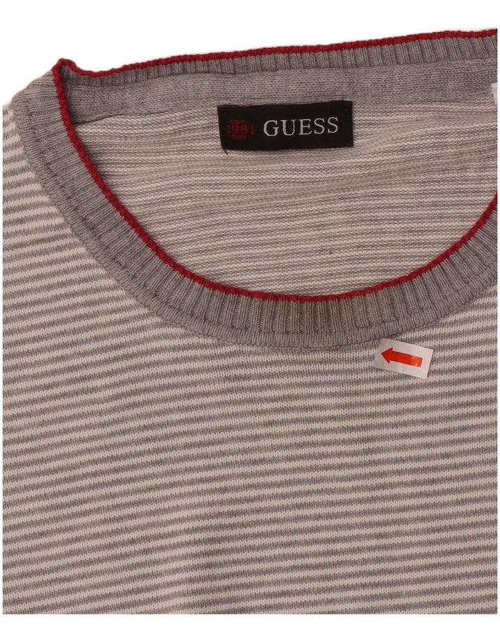 Guess Męski sweter z okrągłym dekoltem, duży, szary, bawełniany w paski