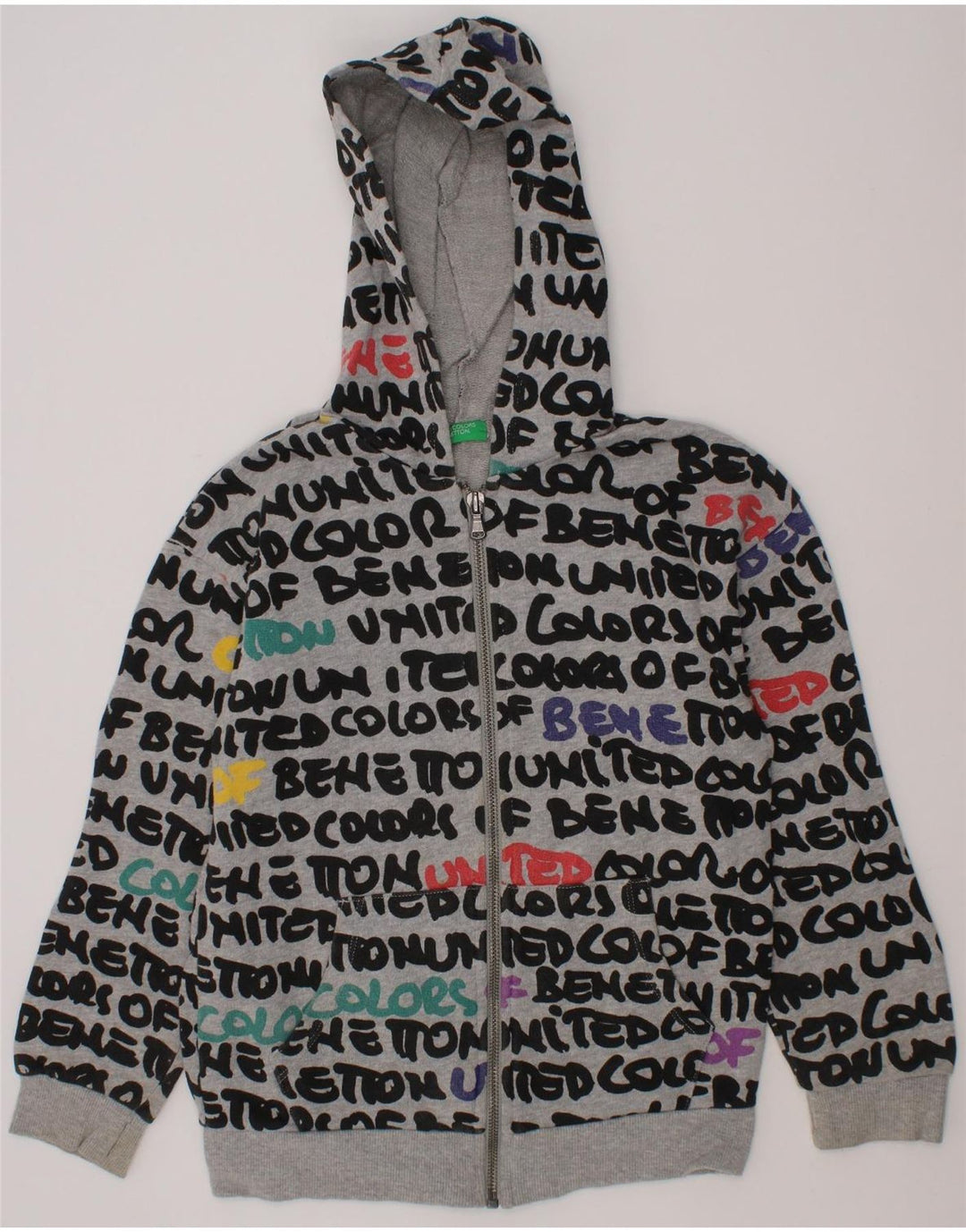 BENETTON Boys Abstract Pattern Zip Hoodie Sweater 6-7 Years Small Grey Vintage Benetton and Second-Hand Benetton from Messina Hembry 
