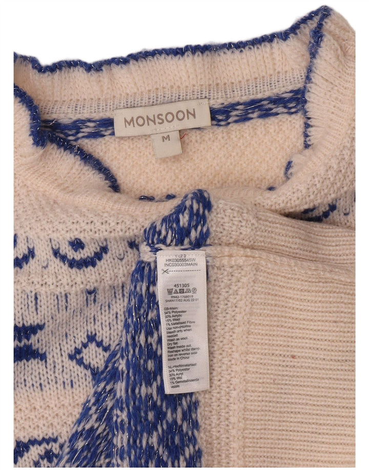 Damski sweter z golfem Monsoon UK 12 Średni biały Fair Isle