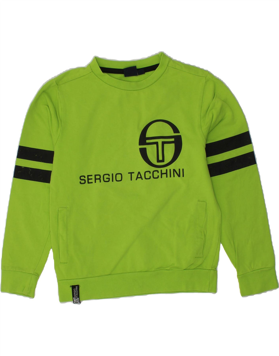 SERGIO TACCHINI Boys Graphic Sweatshirt Jumper 5-6 Years Green Striped Vintage Sergio Tacchini and Second-Hand Sergio Tacchini from Messina Hembry 