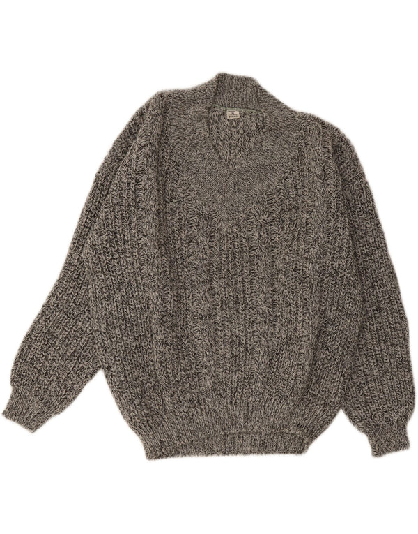 Męski sweter w stylu vintage z dekoltem w szpic IT 50, średni szary, nakrapiany